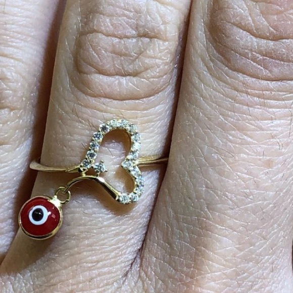 New 14K yellow Gold red evil eye CZ heart Ring - Picture 3 of 8